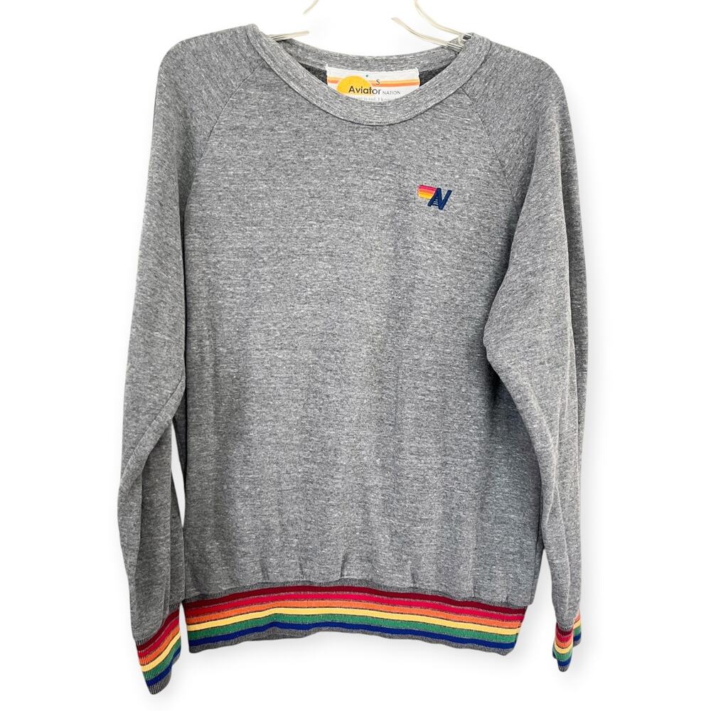 Aviator Nation Rainbow Stripe Crewneck Sweatshirt Gray Small Coastal Cali Retro